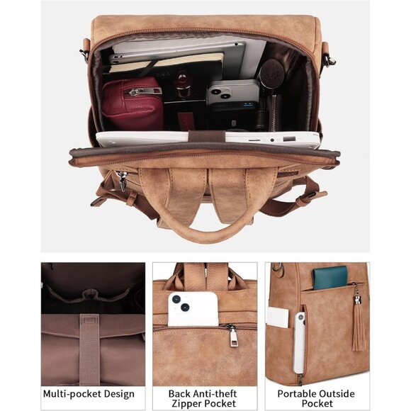 Women Camel Brown Suede Style Backpack Designer 15.6 inch PU Leather Laptop Bag - Picture 3 of 9